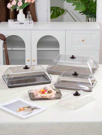 Plast PET-material, rektangulära displaybrickor i flera storlekar med dammtät lock, okrossbara, återanvändbara fruktfat, dessert-, mellanmåls-, tårtfat, lämplig för olika festivaler, bröllop, fester, banketter