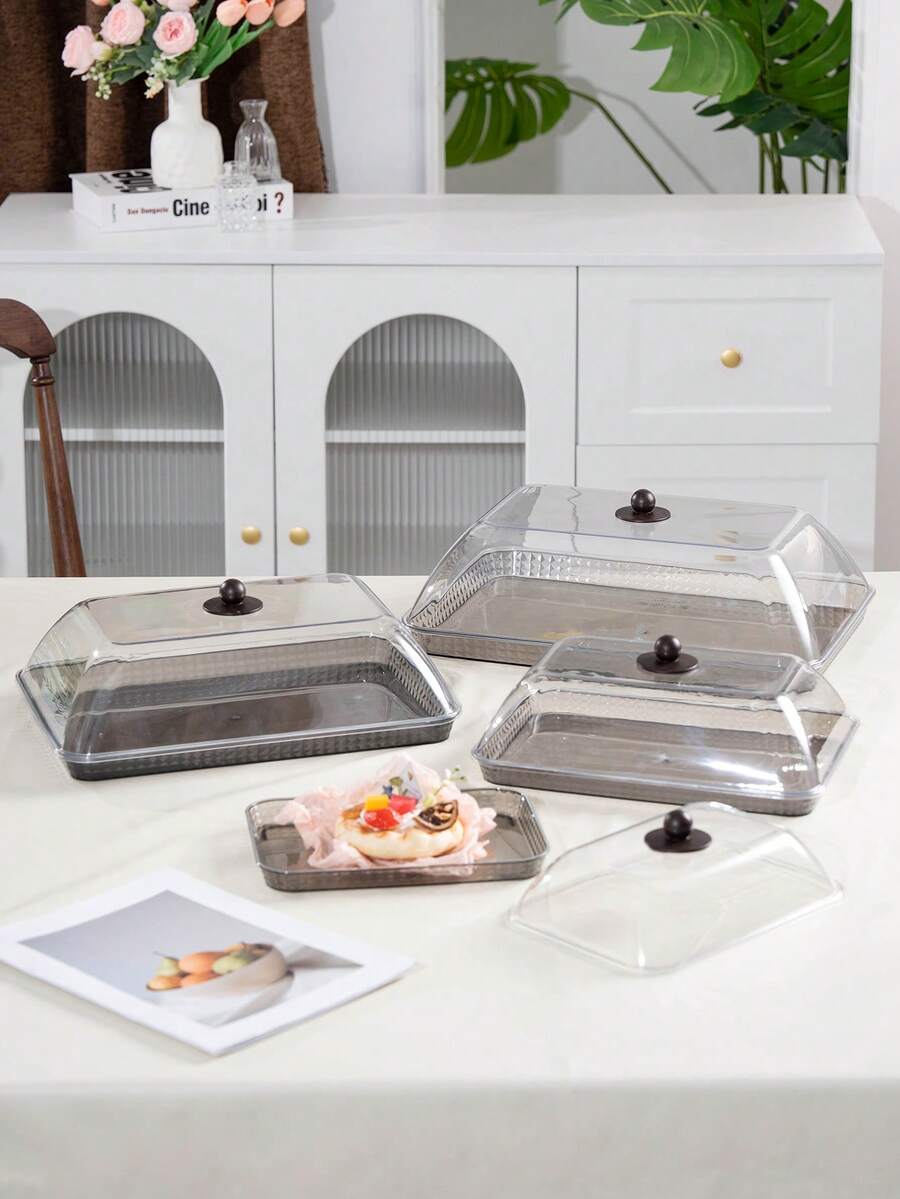Plastic PET Material, Multi-Size Rectangular Display Trays With Dustproof Lid Cover, Unbreakable, Reusable Fruit Plate, Dessert, Snack, Cake Tray, Suitable For Various Festivals, Weddings, Parties, Banquets - Smoke Gray - View 1