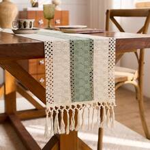 Handmade Woven Boho Farmhouse Style Tassel Table Runner - Suitable For Dining Tables, Round Coffee Tables And Rustic Spring Home Decor, Perfect For Wedding Receptions, Outdoor Parties, Valentine's Day Decor And Ramadan Decor. Rectangular Design, Fits Home And Dining Room Spring Decor, Can Be Used As Kitchen Dining Table Centerpiece, Decorative Table Accessory And Rustic Decor. Exquisitely Woven, Durable. - Green - View 3