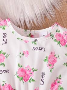 coviviky Set de 2 piezas de conjunto de moda para niñas, cárdigan con ribete de volantes y decoración de moño, y vestido sin mangas con estampado floral y letras para niños