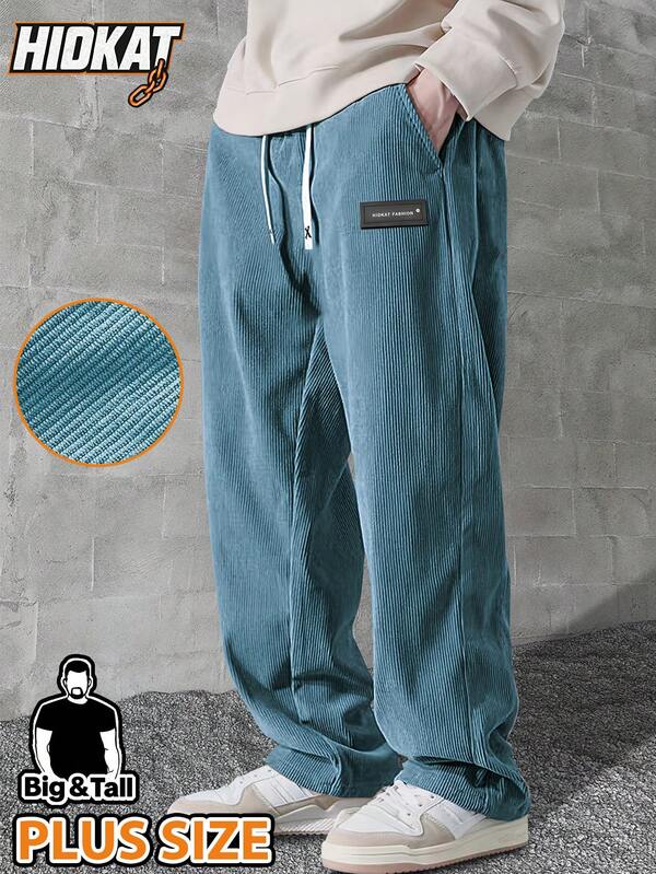 Hidkat Plus Size Men's Corduroy Casual Pants With Drawstring Waist, Suitable For Everyday Casual Wear