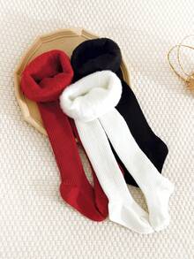 3pcs Girls' Solid Color Leggings, Thermal Lined, Soft & Comfortable, Suitable For Autumn/Winter; Young Girls' Vertical Striped Thermal Tights, Suitable For Daily Wear