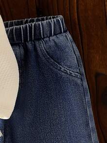 2 件套女婴时尚简约波西米亚风格长袖 T 恤，带 3D 蝴蝶结和流苏饰边和松紧腰牛仔裤套装 - 杏色 - 查看 7