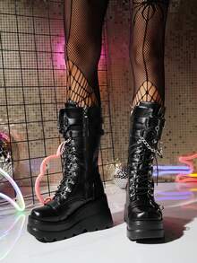 Botas Punk Novas Femininas, Botas de Plataforma Grossa de Couro Escuro Gótico até a Panturrilha, Botas de Cavaleiro para Uso Externo em Todas as Estações