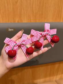 2pcs Cute Cherry Bow Hair Clips, Sweet Style Hair Accessories Suitable For Daily Use, Affordable Hair Decor - Pink - View 2