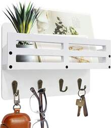 Key Holder Wall Mount, 10 Inch Decorative Key And Mail Holder For Wall, With Mail Organizer & 4 Key Hooks, Rustic Wooden Key Rack For Hanging Dog Leash Sunglasses, Entryway Key Hanger, Black - White - View 2