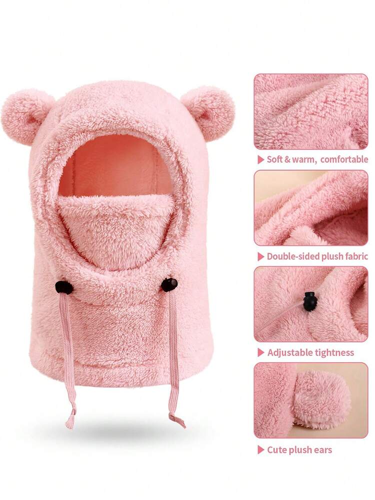 1 Peça Balaclava Infantil de Veludo Quente de Inverno para Meninos e Meninas, Balaclava de Fleece Multifuncional à Prova de Vento, Tamanho Único com Orelhas de Urso, Chapéu Quente de Inverno - Balaclava com orelhas - Visão 4