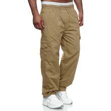 Mens Cargo Pants Relaxed Fit Drawstring Joggers Sweatpants For Men Workout Casual Long Trousers - 卡其色 - 查看 3