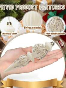Set de 6/12 piese - Ornamente de Crăciun din catifea de 18 cm, decorațiuni texturate pentru brad de Crăciun, cu inele agățate, decor de casă rezistent la spargere, perfecte pentru Crăciun, nunți și decor de sărbători (alb)