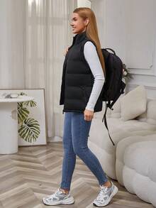 都市秋冬女式黑色无袖羽绒背心夹克，轻盈保暖的立领外套，拉链开合，适合日常休闲穿着、办公室通勤、周末购物、节日聚会、寒冷天气出差 - 黑色 - 查看 5