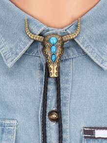 1pc Punk Western Cowboy Bull Head Embossed Bolo Tie Necklace, Versatile Braided Necktie Choker Necklace, Gift For Father/Boyfriend