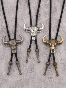 1pc Punk Western Cowboy Bull Head Embossed Bolo Tie Necklace, Versatile Braided Necktie Choker Necklace, Gift For Father/Boyfriend