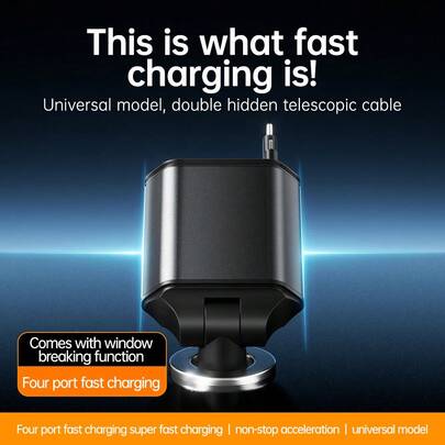 Carregador Rápido para Carro de 66W com 2 Cabos de Carregamento Retráteis, Carregador de Carro de Metal 4 em 1 com USB PD, Ideal para Trajeto Diário, Viagem Longa, Adaptador de Carregador de Carro