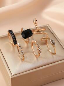 Set de 6 anillos ajustables con forma de serpiente de cristal verde con estilo bohemio para mujeres