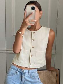 Women's Solid Colour Round Neck Sleeveless Slim Fit Jacket - Apricot - View 7