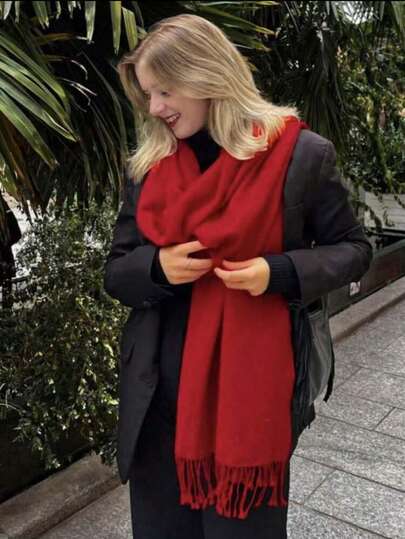1 件女士纯色常规仿羊绒围巾，适合季节转换，日常穿着，防风保暖，圣诞节红色