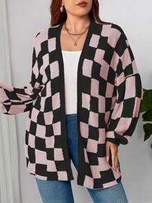 Plaid Round Neck Casual Long Sleeve Plus Size Knit Cardigan - Black Pink - View 5