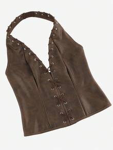 Lace-Up Corset Top For Women, Tight Bustier Halter Neck Vintage Boned Bodice Outerwear, Suitable For Stage Performance, Masquerade, Halloween, Pirate Costume, Retro Court Style - 咖啡棕 - 查看 4