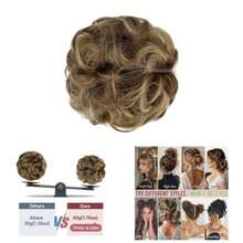 2 PCS Messy Bun Hair Piece Wavy Curly Scrunchies Synthetic Chignon Ponytail Hair Extensions Thick Updo Hairpieces Women GirlsLight Brown Mix Ash Blonde