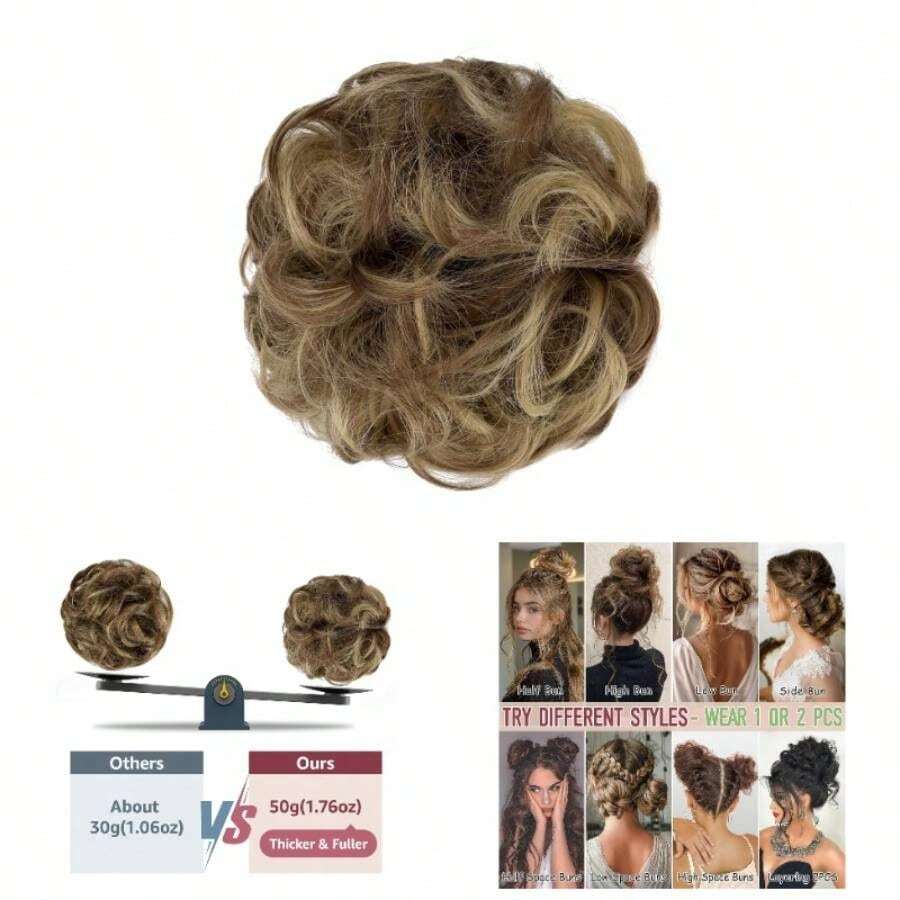 2 PCS Messy Bun Hair Piece Wavy Curly Scrunchies Synthetic Chignon Ponytail Hair Extensions Thick Updo Hairpieces Women GirlsLight Brown Mix Ash Blonde