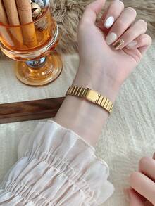 1 件全新女士竹表带手链手表，时尚风格小号金色椭圆形石英表，适合日常佩戴 - 金色 - 查看 11