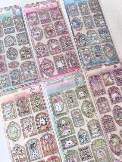 12-14pcs Glass Window Stickers, 3D Holographic Stickers, Laser Diary/Water Cup Decor