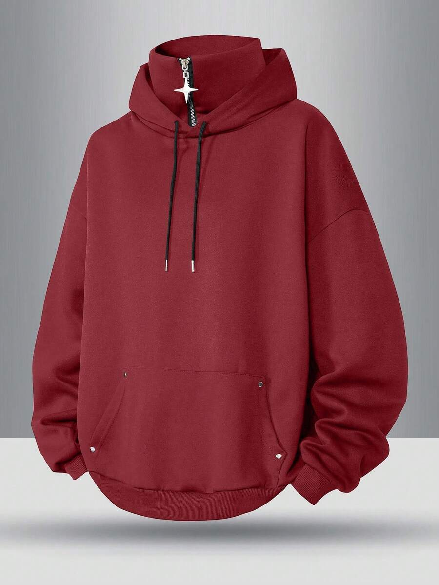 Men's Solid Color Half Zip Hoodie, Fashion Casual Sweatshirt For Spring And Autumn, Long Sleeve Top - Burgundy - View 1
