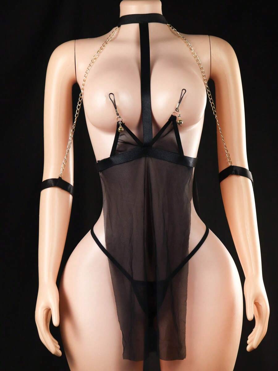 No-Tear Maid Costume Lingerie Strappy High-Cut Bodysuit Set - Black - View 1