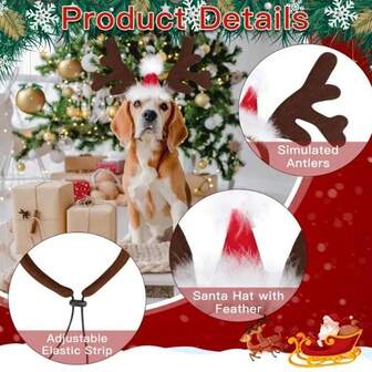 Christmas Reindeer Headband With Santa Hat Adorable Pet Holiday Party New Year Headpiece Headband Hat Pet Accessories For Cats And Dogs Hairband Hair Ornaments