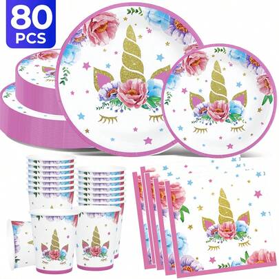 Juego de cubertería desechable con temática de unicornio, que incluye platos de papel de 7 pulgadas, platos de cartón de 9 pulgadas, vasos de 9 onzas, servilletas, adecuado para reuniones diarias, fiestas de cumpleaños, despedidas de soltera, baby showers, clubes, bodas, meriendas, picnics, salidas al aire libre y fiestas temáticas. Decoraciones de cocina y restaurante, artículos para fiestas