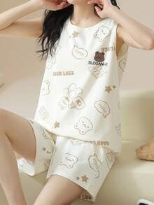 AICJ 2 件套女士休闲简约奶油色卡通幸运熊无袖上衣和短裤睡衣套装，舒适适合春夏季 - 彩色 - 查看 4