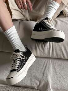 Teens' Canvas Shoes, Niche Design Couple Casual Sneakers, Unisex Low-Top Face Thick Sole Retro Breathable Canvas Shoes