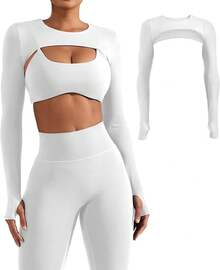 Women Crop Top Long Sleeve Bolero Open Front Workout Cropped Shirts Sports Shrug - 白色 - 查看 1
