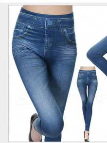 Women's Casual Minimalist Leggings, Blue Denim Effect High Stretch Skinny Pants, Suitable For Fitness, Training, Dance - Navy Blue - View 1