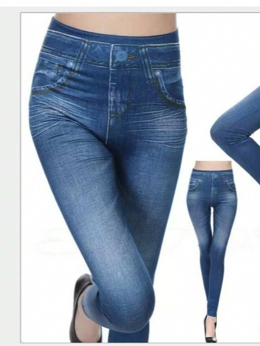 Women's Casual Minimalist Leggings, Blue Denim Effect High Stretch Skinny Pants, Suitable For Fitness, Training, Dance - Navy Blue - View 1