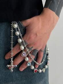 1pc Men's Retro Luxury Multi-Layer Rhinestone & Faux Pearl Pants Chain, For Pants Decoration Summer, School Autumn-Winter Accessories Halloween Costume,Suitable For Teens, Youth,Men,Casual, Outdoor, Athletic, Vacation, Graduation Gifts, Birthday, Daily Wear - Cross Pendant - Gold - View 7