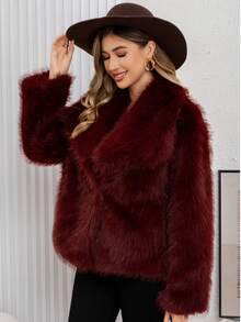 Women's Elegant Faux Fur Burgundy Jacket, Regular Length, Long Sleeve, Fashionable Turtleneck, Suitable For Christmas, New Year, Autumn/Winter Season - Burgundy - View 7