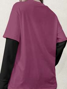 女士时尚街头 Y2K 哥特式个性化小众印花圆领长袖二合一 T 恤 - 紫色 - 查看 4