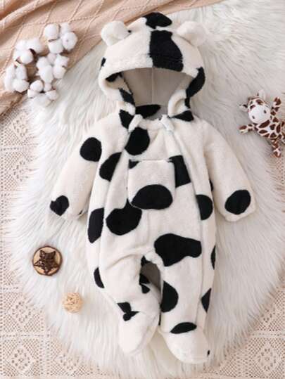 Infant & Toddler Plush Cartoon Cute Cow Hooded Footed Romper, Autumn/Winter