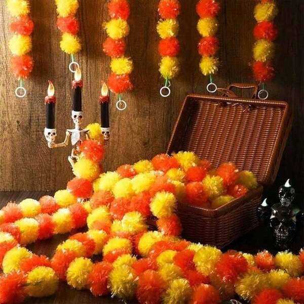 3 piezas de guirnalda de flores de caléndula amarillas y naranjas, decoración de flores artificiales para el Día de los Muertos, Diwali, bodas, centros de mesa, decoración estacional del hogar, porche, chimenea