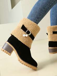 Damskie jesienno-zimowe, eleganckie, słodkie, księżniczki, kokardki, futrzane, frędzlowe botki, Mary Jane, jednokolorowe, puszyste, wodoodporne, platformy, buty na wysokim obcasie, uniwersalne, outdoorowe, codzienne, wygodne, ciepłe, futrzane buty na wysokim obcasie, modne, imprezowe, olśniewające buty na wysokim obcasie, świąteczne, puszyste, różowe buty na wysokim obcasie, białe buty na wysokim obcasie do sukni ślubnej, różowe, zimowe, puszyste, wygodne, śniegowce, urocze, różowe, futrzane, ciepłe śniegowce dla kobiet - Czarne - Zobacz 1