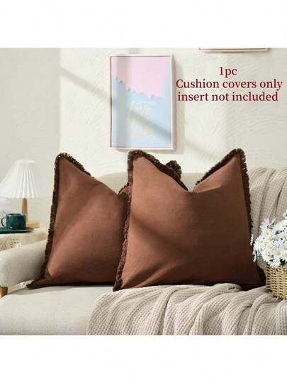 1pc (Pillow Insert Not Included) Tasseled Pillow Cover, Farmhouse Style Washed Fabric Soft Decorative Throw Pillowcase With Fringe Trim