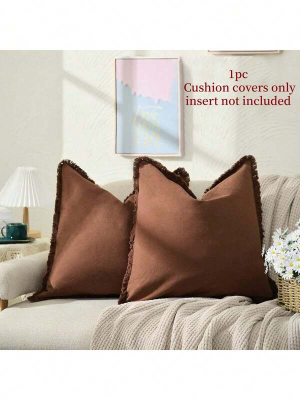 1pc (Pillow Insert Not Included) Tasseled Pillow Cover, Farmhouse Style Washed Fabric Soft Decorative Throw Pillowcase With Fringe Trim