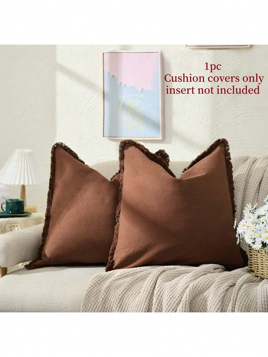 1pc (Pillow Insert Not Included) Tasseled Pillow Cover, Farmhouse Style Washed Fabric Soft Decorative Throw Pillowcase With Fringe Trim - Coffee Brown - View 1