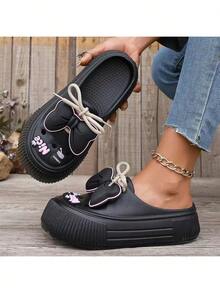 Women's Mule Clogs - Women's Mule Clogs, Black Spring Summer Casual Mule Clogs, Fashionable Cute Mule Clogs, Thick Sole Lace Up Patch Mule Clogs, Outdoor Daily New Mule Clogs - màu đen - Xem 2