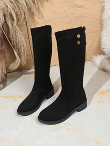 女士秋冬新款仿麂皮面料黑色及膝靴，后拉链设计复古简约个性舒适圆头粗跟及膝靴，时尚百搭正装靴细靴 - 黑色 - 查看 5