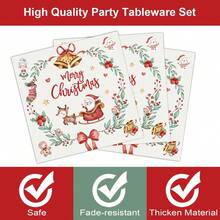 Un conjunto de 105 piezas de platos, servilletas, vasos, pajitas y decoraciones desechables con temática navideña, con un estilo fresco y lindo con patrones de fondo de campanas de Papá Noel. Este conjunto de vajilla desechable es adecuado para fiestas de Navidad, fiestas de cumpleaños y otras reuniones.