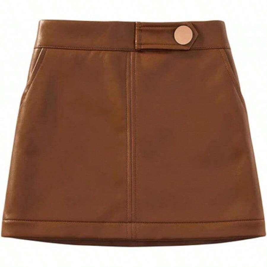 Girls And Toddler's Faux Leather Short Skirts,All Season Basic Skirts - 棕色 - 查看 1