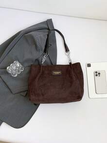 Vintage Suede Tote Bag For Women, Large Capacity Shoulder Bag With Letter Foil Decor, Adjustable Chain Strap, Casual Commuter Handbag, Autumn/Winter