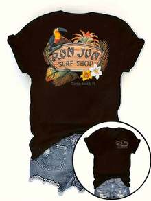 Surf Shop Graphic Black Short Sleeve Tee, Unique Print 220g 100% Cotton Black Short-Sleeved Women's T-Shirt - 黑色 - 查看 1